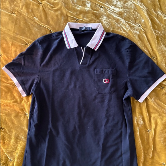 Gucci Navy Polo Shirt with White and Red Accents